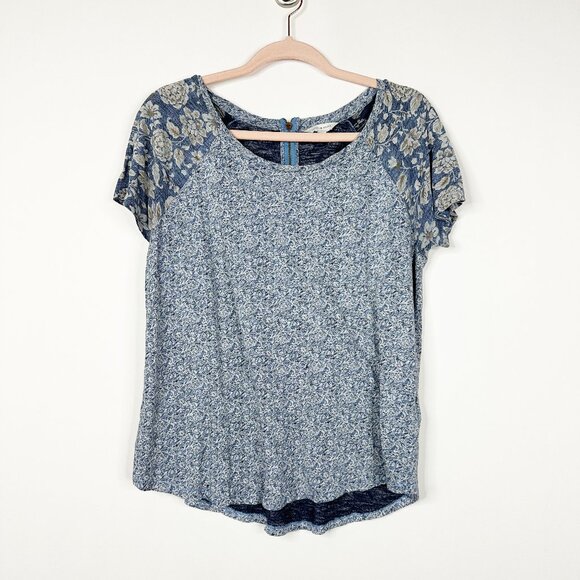 2/$30 Lucky Brand Mixed Floral Print Short Sleeve Peasant Top Blue Medium #BAG2 - Picture 3 of 7